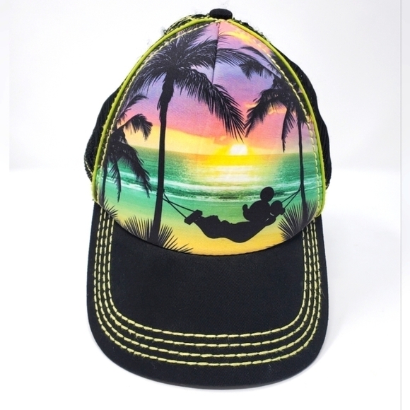 DISNEY PARKS MICKEY MOUSE HAWAII TROPICAL BLACK MESH TRUCKER HAT SNAP BACK CAP - Picture 1 of 13
